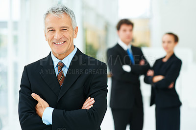 Buy stock photo Portrait of a mature businessman with colleagues standing in the background