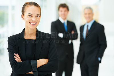 Buy stock photo Businesswoman, office and pride in leadership, portrait and confident for training in meeting. Happy female person, professional and support in team management, mentor and unity for collaboration