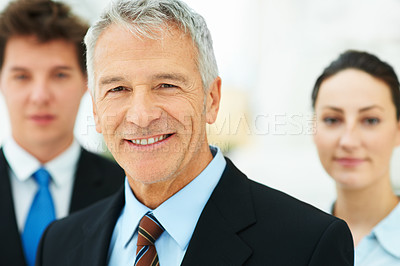 Buy stock photo Business man, executive and happy in portrait, leadership for team at consulting agency with confidence and pride. Senior management, CEO with smile and consultant at company for corporate career