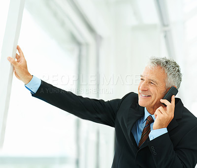 Buy stock photo Phone call, smile and thinking with mature businessman in office for communication or networking. Future, planning and vision with happy professional manager in corporate workplace for conversation