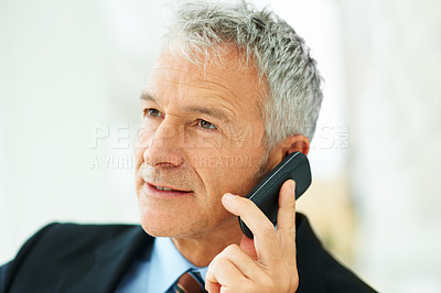 Buy stock photo Businessman, office and phone call for discussion, vision and ideas or planning with management. Ceo, suit and workplace for meeting, career and future with work or leadership for corporate strategy