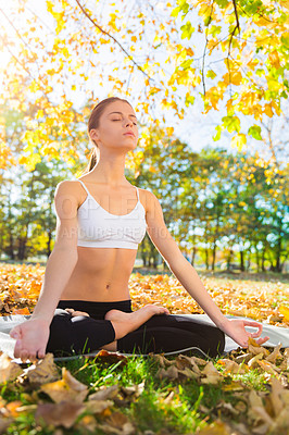 Buy stock photo Woman, park and mediation on relaxation with peace for stress relief, break and focus for comfort and wellness. Spirituality, serenity and awareness for selfcare with calm, mindful and positivity. 