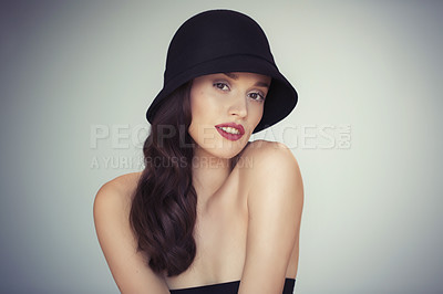 Buy stock photo Woman, makeup and beauty in portrait with hat for fashion and style, cosmetics and face on studio background. Red lipstick, beautiful female model and glamour with vintage accessory and mockup space