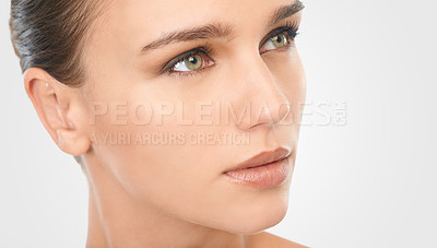 Buy stock photo Woman, natural makeup and glow with vision for beauty, skincare and cosmetology in studio closeup. Female person, thinking or planning for flawless skin and moisturizing treatment on white background