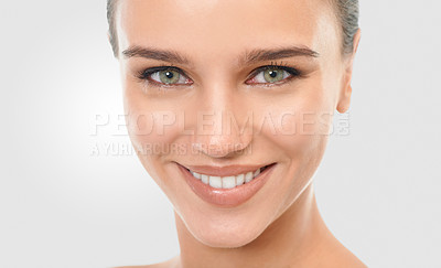 Buy stock photo Woman, skincare and glow in studio portrait, confidence and proud of results on white background. Happy female person, shine and smile for facial treatment, cosmetics and dermatology for grooming