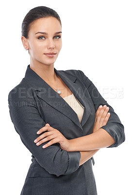 Buy stock photo Studio, business and woman with portrait, arms crossed and corporate confidence. Professional receptionist, white background and face for work, company or startup with career ambition and trust