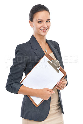 Buy stock photo Studio portrait of a confident young female office worker isolated on white