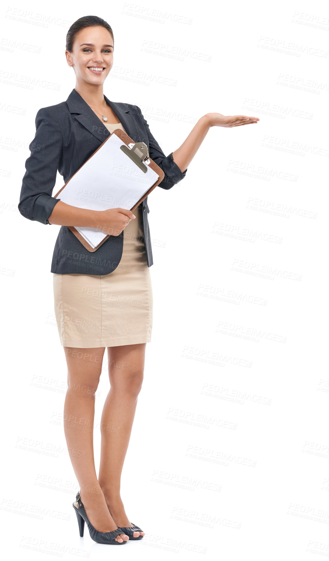 Buy stock photo Girl, portrait and corporate with clipboard in studio, receptionist and business career with paper. Female secretary, checklist and schedule, show presentation and smile with white background