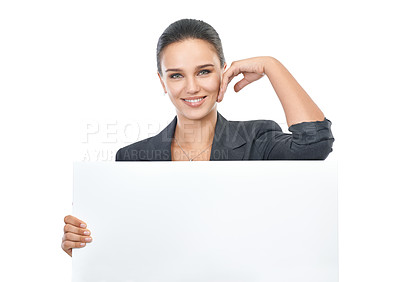 Buy stock photo Girl, advertising and billboard with mockup space in studio, portrait and information for market sales. Woman, poster and announcement for promotion, placard and communication with white background