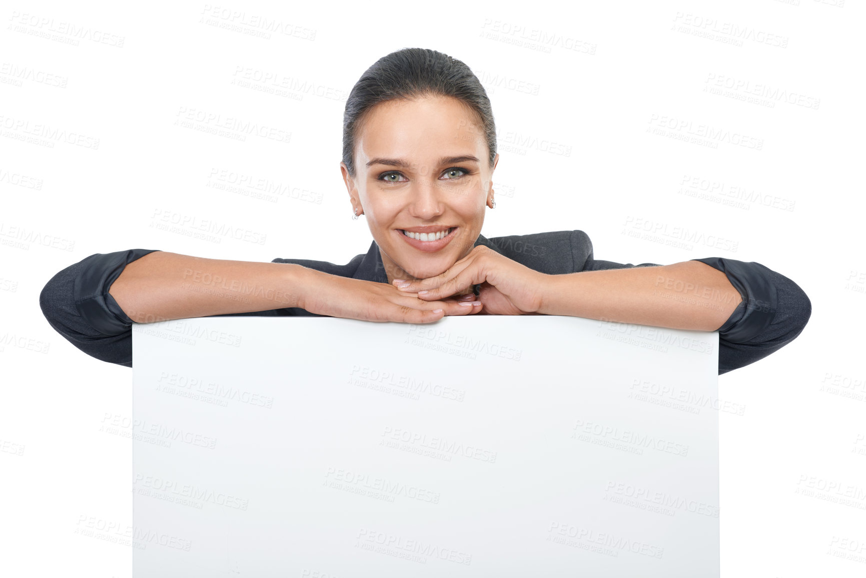 Buy stock photo Studio shot of an attractive young businesswoman holding a blank placard for copyspace