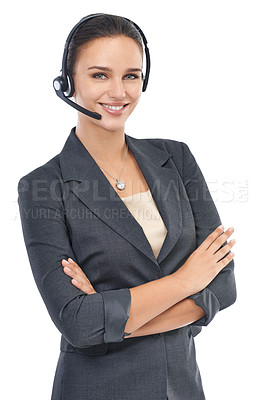 Buy stock photo Studio shot of an attractive customer service representative isolated on white