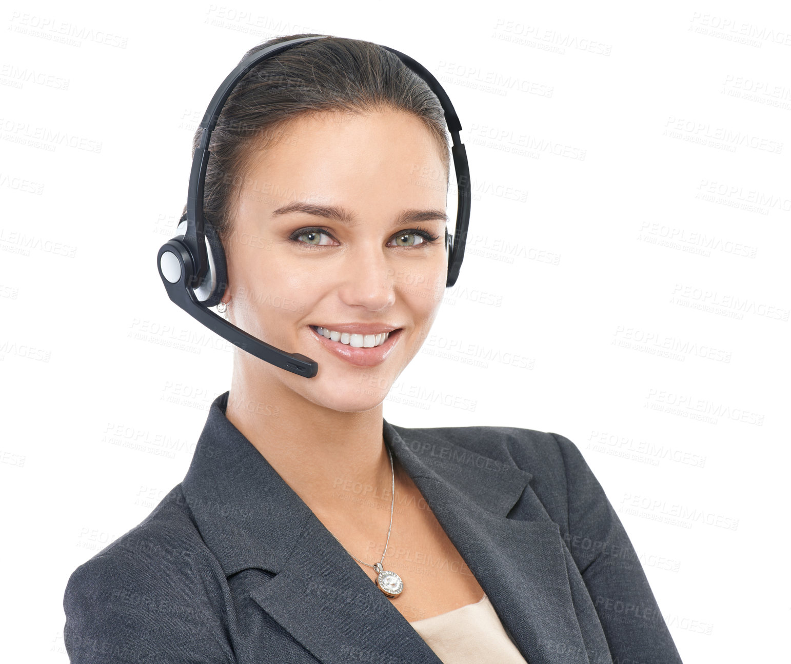 Buy stock photo Businesswoman, headset and customer service in studio portrait, operator and crm on white background. Female person, call centre representative and tech support or networking, hotline and consultant