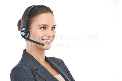 Buy stock photo Businesswoman, headset and operator in studio, customer service and crm on white background. Female person, call centre representative and tech support or assistant, contact and agent on mockup space