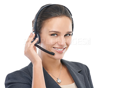 Buy stock photo Businesswoman, headset and assistant in studio portrait, customer service and crm on white background. Female person, call centre representative and tech support or networking, hotline and consultant