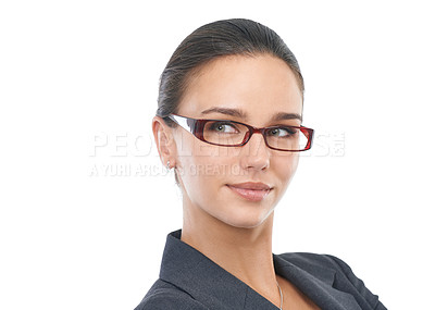 Buy stock photo Businesswoman, thinking and consultant in studio, professional and agent on white background. Female person, eyewear and employee confident for career at company, optical care and glasses on mockup