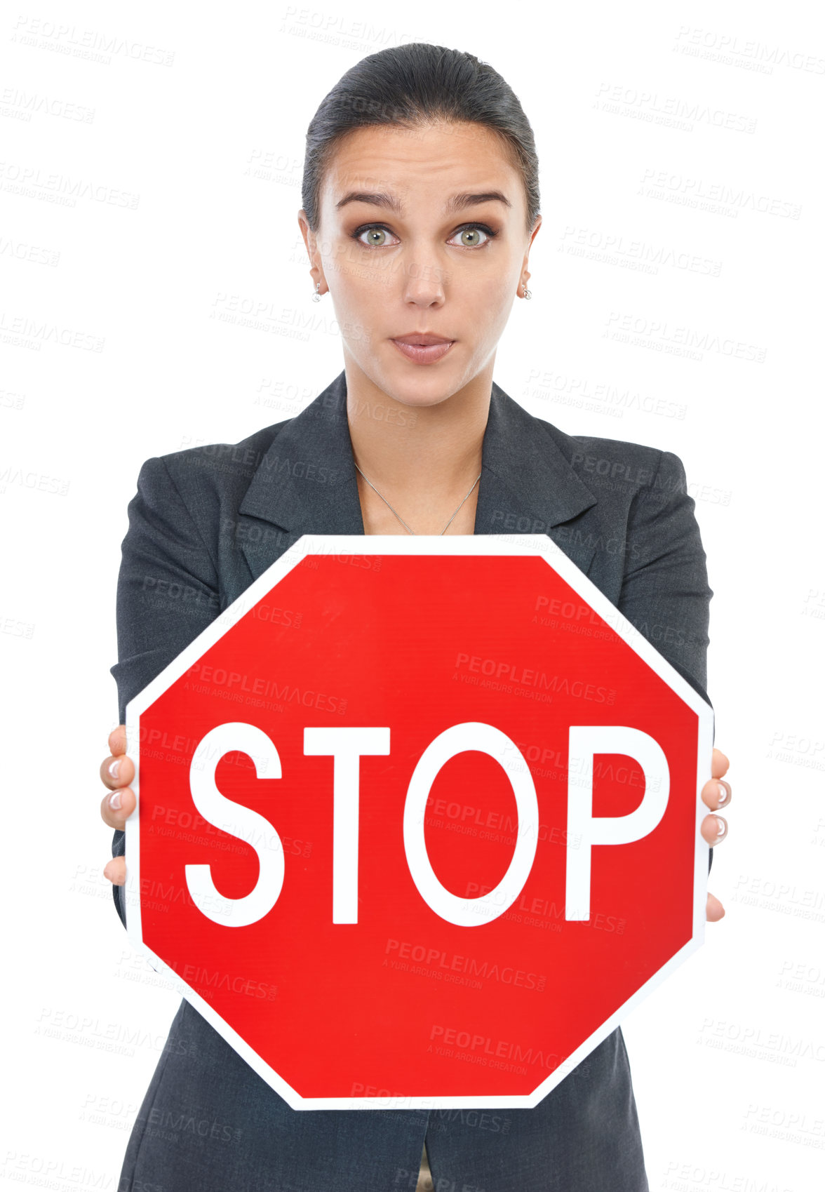 Buy stock photo Business woman, stop sign and white background for safety campaign at work for human resources. Professional female studio, symbol and shocked at warning, caution and company policy for hazard 