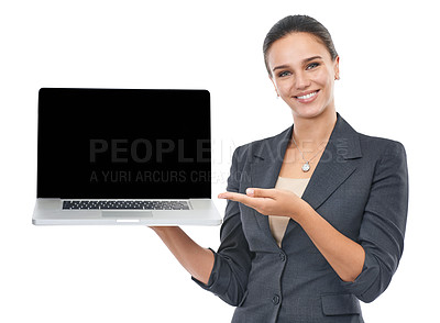 Buy stock photo Happy woman, portrait and laptop screen for business presentation or advertising on a white studio background. Female person, lawyer or attorney with smile or showing computer display on mockup space