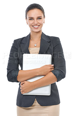 Buy stock photo Happy woman, portrait and laptop of receptionist in business fashion on a white studio background. Female person, admin or secretary with smile and computer in formal clothing for corporate style