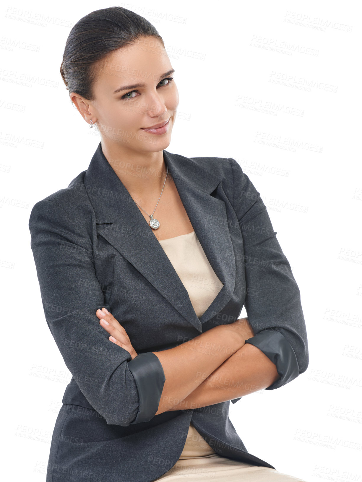 Buy stock photo Studio, woman and portrait with arms crossed, ideas and thinking with corporate outfit. Businesswoman, white background and face for work, company or startup with career ambition or happiness