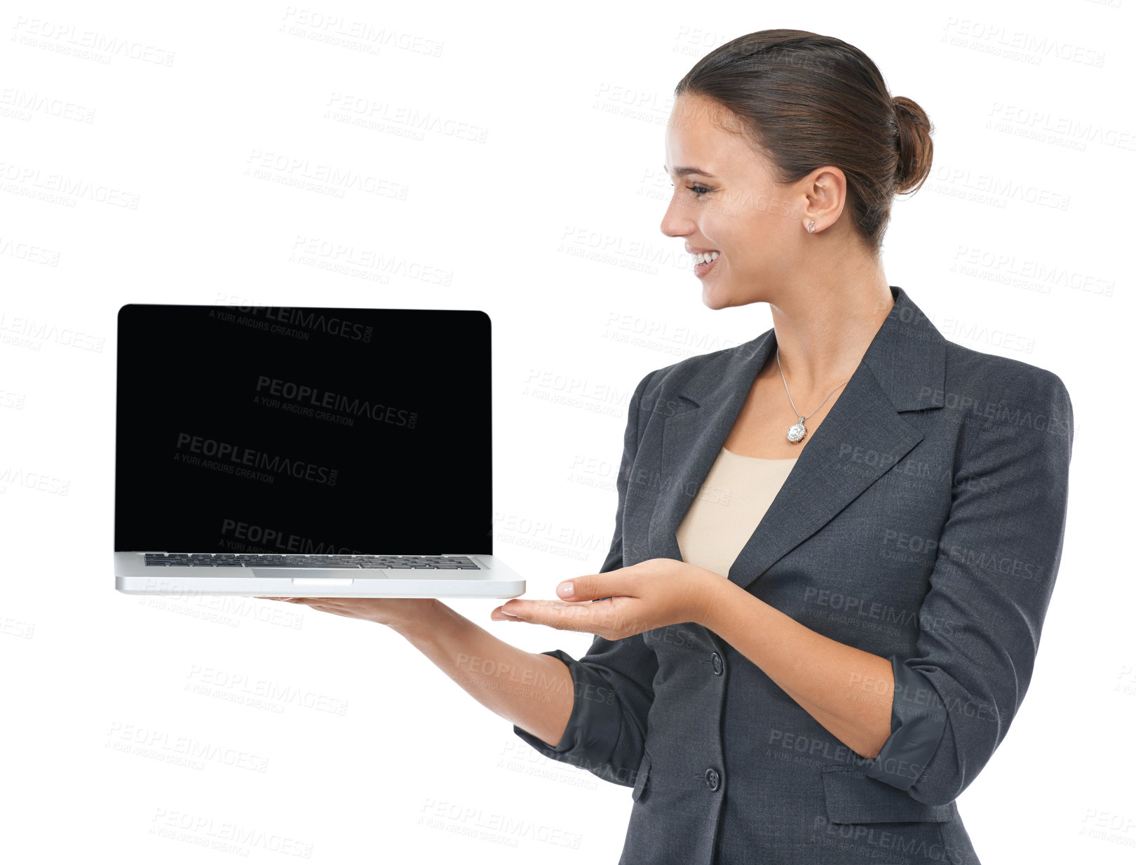 Buy stock photo Happy woman, laptop screen and presentation for business advertising on a white studio background. Young female person, lawyer or attorney with smile, palm or showing computer display on mockup space