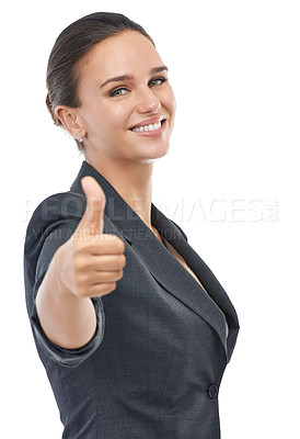 Buy stock photo A businesswoman showing a thumbs-up to the camera