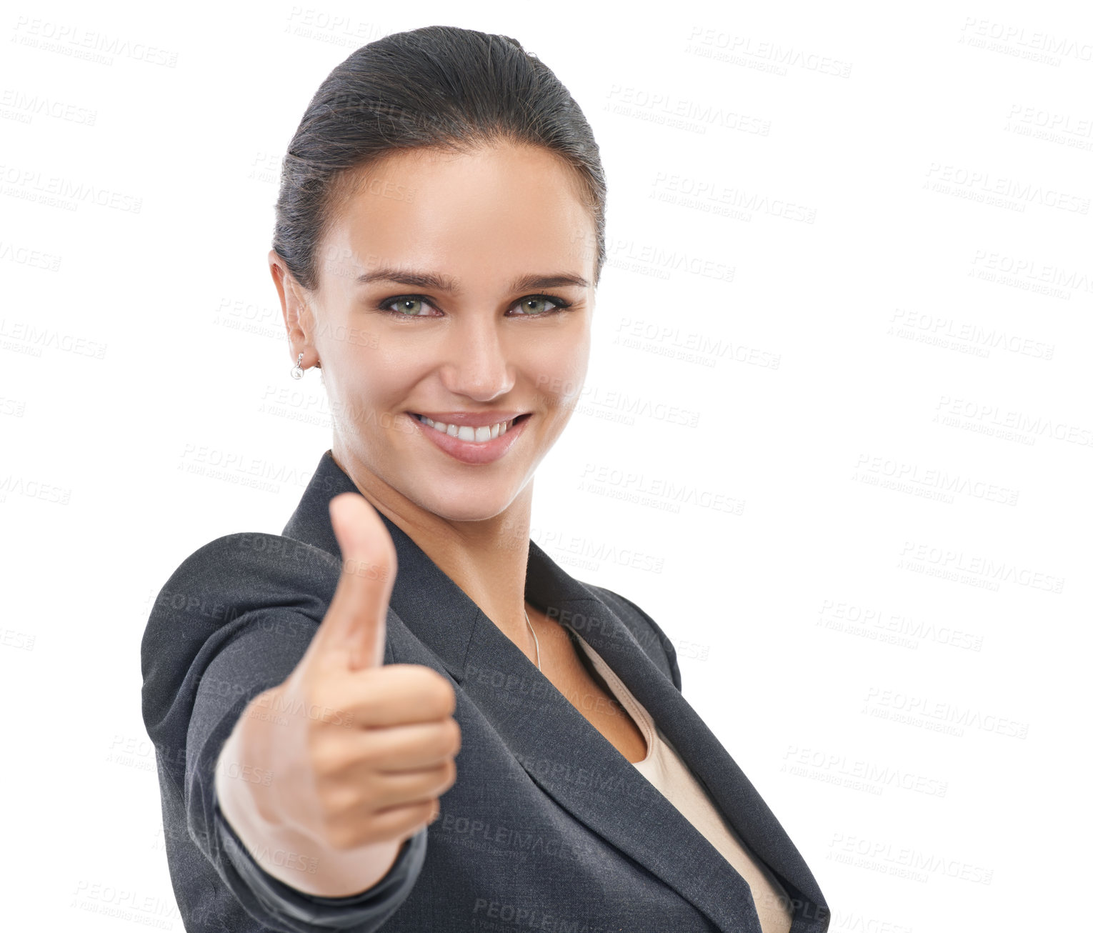 Buy stock photo Businesswoman, thumbs up and approval in studio portrait, winner and satisfaction on white background. Female person, thank you and agreement or support, yes and like emoji for motivation or review