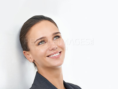 Buy stock photo Thinking, happy and business woman on a white background for decision, choice and options. Professional, corporate and face of isolated person for brainstorming, problem solving and wonder in studio