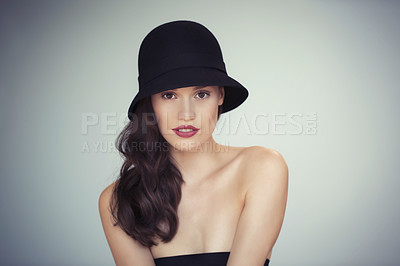 Buy stock photo Fashion, makeup and portrait of woman with hat in studio for wellness, treatment and glowing skin on grey background. Style, beauty or female model with elegance, confidence or posing in red lipstick