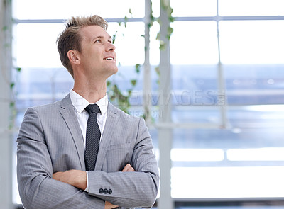 Buy stock photo Businessman, thinking and planning in office, arms crossed and professional in workplace with ideas. Male person, employee and contemplating career choice or decision, entrepreneur and brainstorming