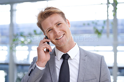 Buy stock photo Businessman, phone call and networking or negotiation in office, communication and talk on opportunity. Male person, b2b and smile for discussion on business deal, connection and consulting on agenda
