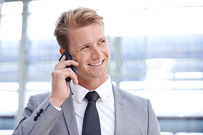 Buy stock photo Businessman, phone call and networking or planning in office, communication and talk on opportunity. Male person, b2b and smile for discussion on business deal, connection and consulting on agenda