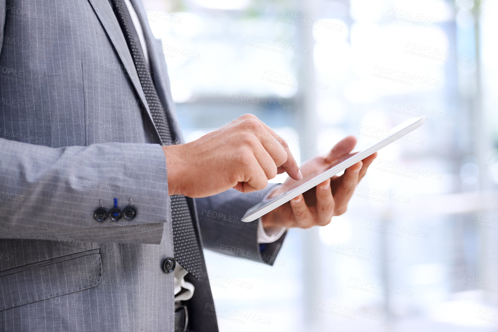 Buy stock photo Businessman, hands and tablet in office for schedule, investment planning or online risk assessment. Professional man, corporate and technology for web, search and digital portfolio management