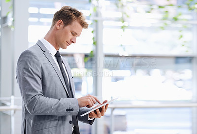 Buy stock photo Businessman, news or tablet for research on social media, internet or website in a digital agency. Check, app or employee typing on technology for schedule, networking or online solution in office