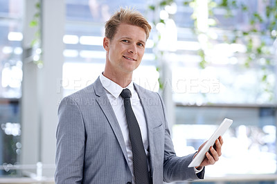 Buy stock photo Smile, portrait and businessman in office with tablet, positive and professional worker with technology. Accountant, happy and face for connection in corporate job, trust and networking in company