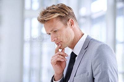 Buy stock photo Businessman, thinking and planning in office, pondering and professional in workplace with ideas. Male person, employee and contemplating career choice or decision, entrepreneur and brainstorming