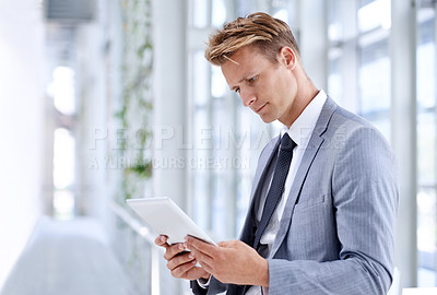 Buy stock photo Businessman, news or tablet for research on internet, social media or website in a digital agency. Check, app or employee typing on technology for schedule, networking or online solution in office