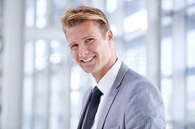 Buy stock photo Happy businessman, portrait and lawyer at office with stylish suit for career ambition, start or job. Face of confident man employee with smile for business opportunity at corporate firm or workplace