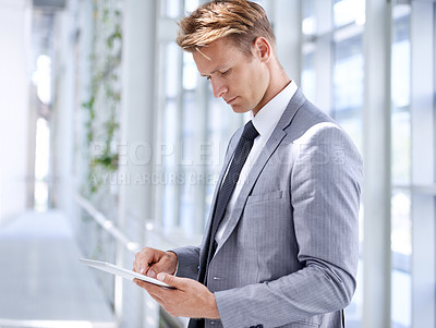Buy stock photo Businessman, tablet or research on social media, networking website or reading news in digital agency. Check, app or employee typing on technology for schedule, internet or online solution in office