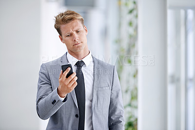 Buy stock photo Businessman, cellphone and worry for message at work, notification and confused for online scam. Accountant, smartphone and stress for glitch on social network, mobile app and spam in office email