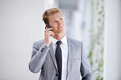 Buy stock photo Thinking, listening or businessman on a phone call talking, networking or speaking of ideas in workplace. Vision, mobile communication or entrepreneur in conversation for negotiation, chat or offer