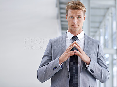 Buy stock photo Businessman, portrait and thinking with plan for corporate decision, choice or fashion at office. Confident, young man or employee with hands together in vision for business structure on mockup space