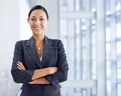 Buy stock photo Happy, business woman and portrait in confidence at office for career ambition or law of professional attorney. Female person, lawyer or employee with smile, arms crossed or fashion at corporate firm