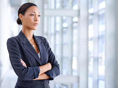 Buy stock photo Business, thinking and woman with decision, arms crossed and opportunity with consultant and lawyer. Serious person, legal aid and employee with problem solving or questions with planning or solution
