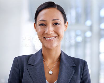 Buy stock photo Happy, business woman and portrait at office for career ambition or law of professional in confidence. Face of female person, lawyer or employee with smile in fashion for corporate firm at workplace