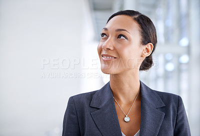 Buy stock photo Business, thinking and woman with opportunity, ideas and solution with consultant and PR agent. Person, decision or employee with planning and questions with review, problem solving and brainstorming