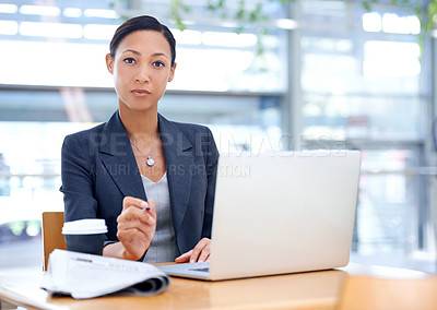 Buy stock photo Businesswoman, portrait or laptop for research on website, internet or social media in digital agency. Networking, writing or employee typing on technology for schedule, news or online info in office
