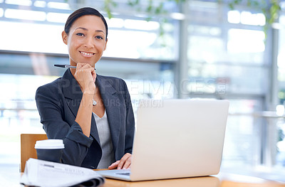Buy stock photo Happy businesswoman, portrait or laptop for research on website, internet or social media in office. Networking, smile or proud employee typing on technology for schedule, news or online information