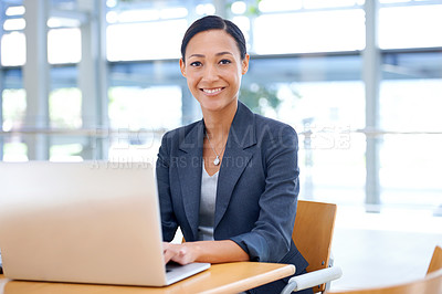 Buy stock photo Happy businesswoman, portrait or laptop for networking on website, internet or social media in office. Research, smile or proud employee typing on technology for schedule, news or online information 