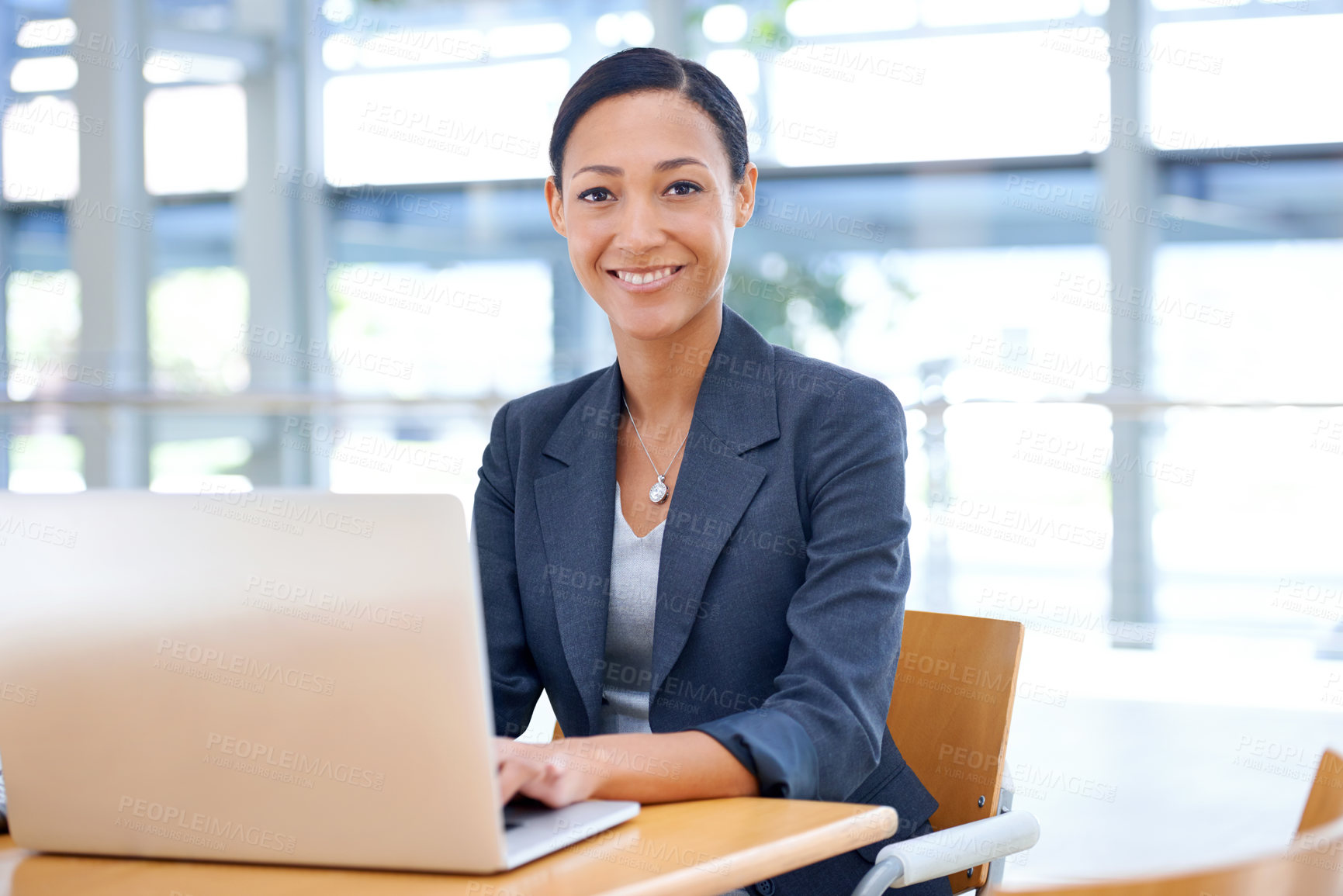 Buy stock photo Happy businesswoman, portrait or laptop for networking on website, internet or social media in office. Research, smile or proud employee typing on technology for schedule, news or online information 