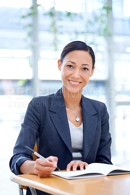 Buy stock photo Portrait, smile and woman with a notebook, writing and planning with a PR consultant or confidence. Face, person and employee with idea, schedule or calendar for startup or decision with productivity
